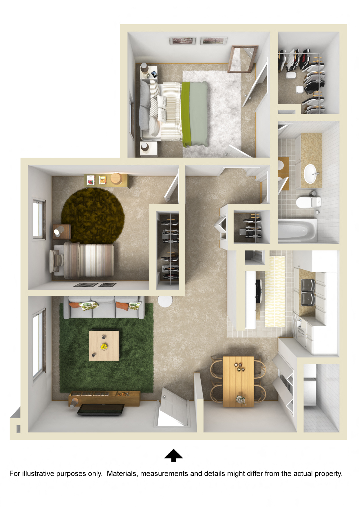 Floor plan for 2 beds, 1 bath, 773 sqft